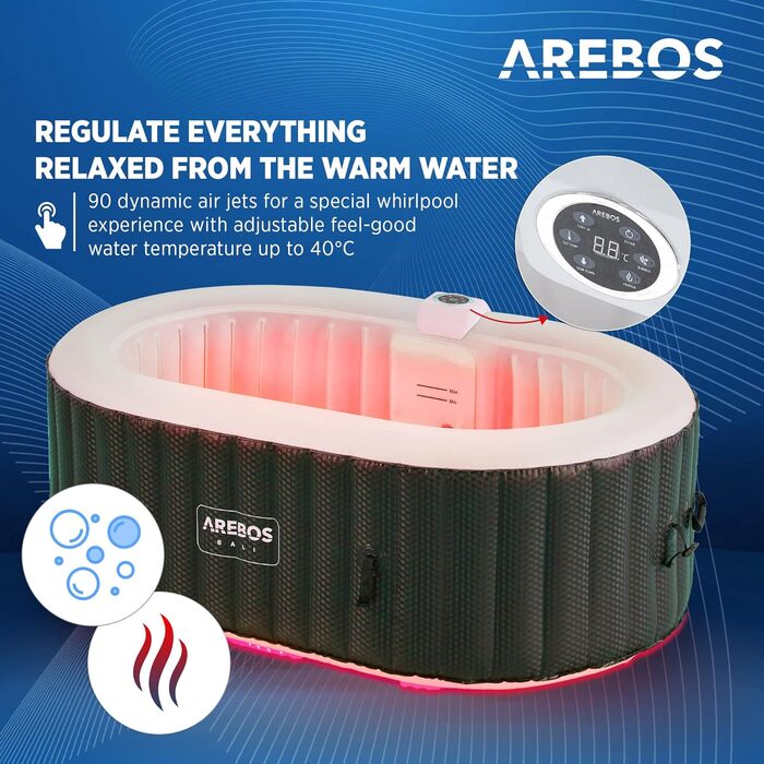 Надувний джакузі Arebos Whirlpool з LED-підсвіткою та підігрівом, 190x120 см, 90 масажних форсунок, 550 л, для 2 осіб, з кришкою