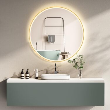 Дзеркало для ванної кімнати HOKO Design Riga, діаметр 60 см, кругле, з металевим каркасом, LED-підсвічування, сенсорне управління, регулювання кольору світла (тепле/холодне/нейтральне), антизапарник, золото