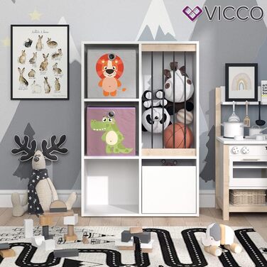 Дитяча полиця Vicco Luigi біла 72x107,8 см з 2 складними коробками, дизайн Опт.3 72x96, з коробками Собака/Кіт