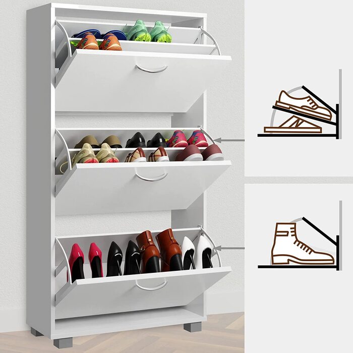 Шафа для взуття Casaria® на 18 пар, 115x60x25 см, 3 дверцята, дерево бук, білий колір, з блокуванням від перекидання