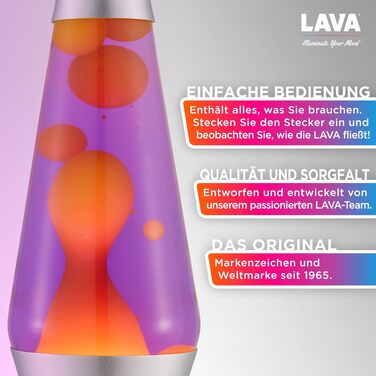 Лавова лампа LAVA® 2125 (36.8 см) — жовтий віск, фіолетова рідина, срібляста основа та кришка, оригінальна декоративна лампа руху