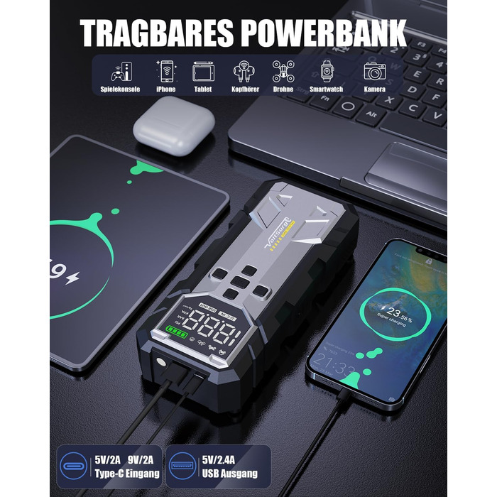 Powerbank Starthilfe 7000A з компресором та LED-ліхтариком: 160PSI, 12V для бензинових та дизельних авто (10L)