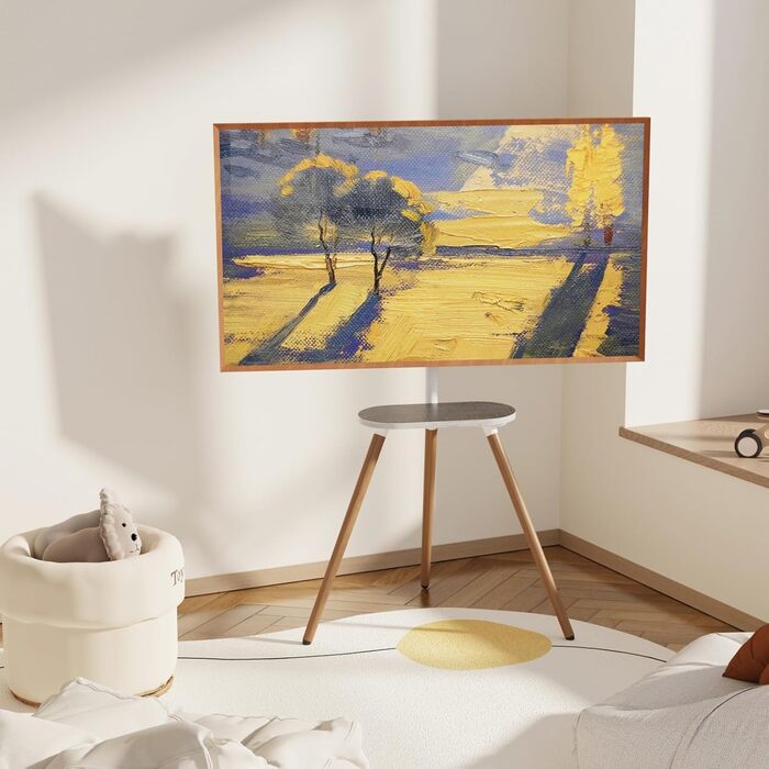 Підлогова телевізійна стійка ECOTINY TV для екранів 40-65 дюймів, висота регулюється, поворотна, переносна, з полицею, чорний горіх/білий, дерево, VESA 400x400 мм, до 35 кг
