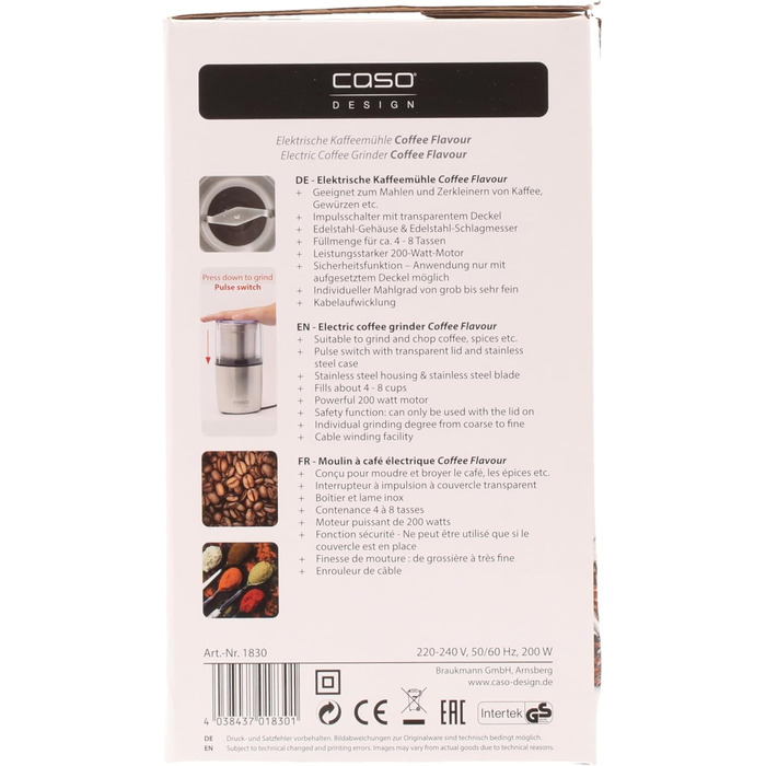 Електрична кавомолка Caso 1830 Coffee Flavour, 200 Вт, нержавіюча сталь, для кави, еспресо, горіхів та спецій, подвійний ніж, об’єм до 90 г