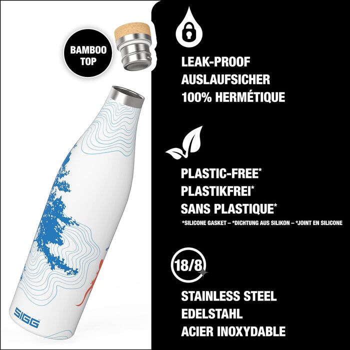 Термос-бутилка SIGG Meridian 0,5 л, герметична, з бамбуковою кришкою, нержавіюча сталь, BPA-free, без пластику, подвійні стінки, слім-дизайн, Sumatra Tree