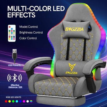 Ігровий крісло Bigzzia з RGB LED підсвічуванням - ергономічне геймерське крісло з підтримкою попереку та підніжкою, регульоване та поворотне, з PU-шкіри, 150 кг, сірий