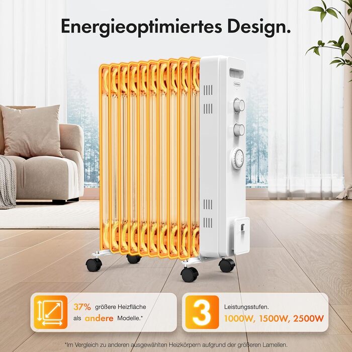 Масляний радіатор VonHaus на 11 секцій, електричний обігрівач 2500Вт з термостатом, 3 режимами потужності та таймером на 24г, білий