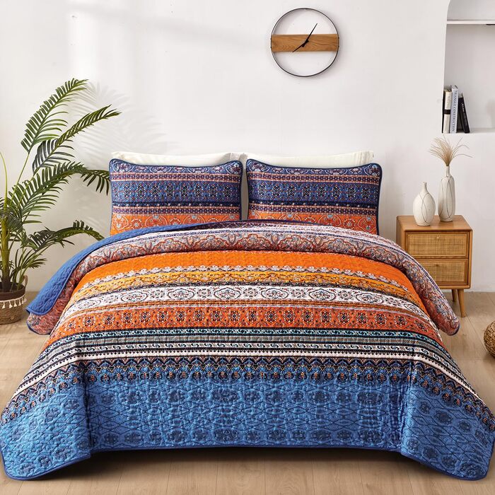 Постільна покривало WONGS BEDDING в стилі Бохо 220x240 см, 3-предметний комплект з 2 наволочками 50x70 см, стібана ковдра з мікрофібри для двоспального ліжка та дивана