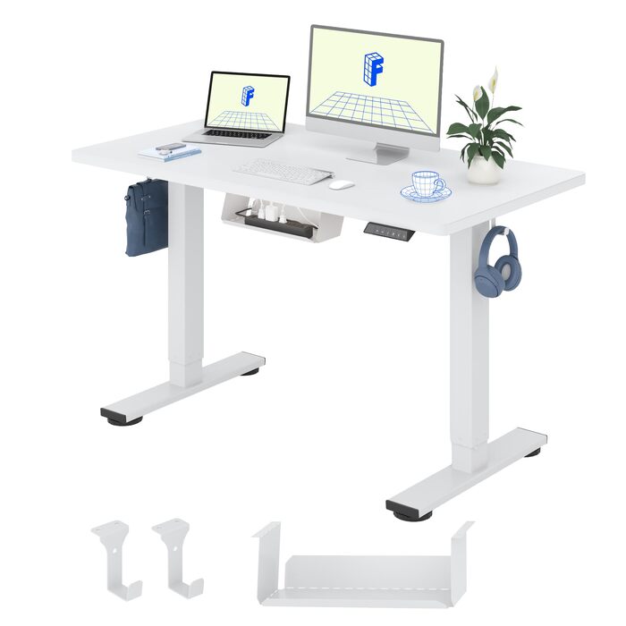 Регульований по висоті офісний стіл FlexiSpot Basic 100x60 см, білий - з кабель-менеджментом, гачком, цілісна стільниця, для дому та офісу
