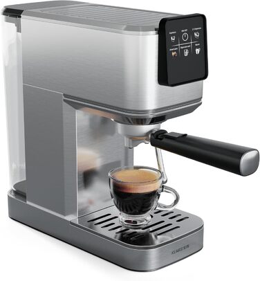 Кавоварка Klarstein SteelPresso Touch Slim з холдером, 20 бар, 1350 Вт, 1,2 л, нержавійка, компактна, цифрове управління, легке очищення, парова насадка