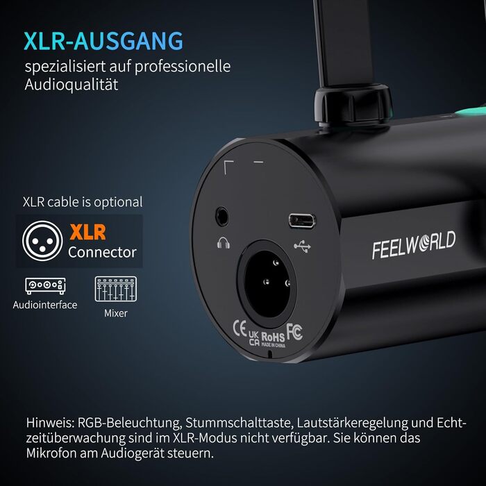 FEELWORLD PM1: Динамічний мікрофон XLR/USB з RGB-підсвіткою для подкастів, YouTube, геймінгу та студії. З навушником, підставкою та кабелем.