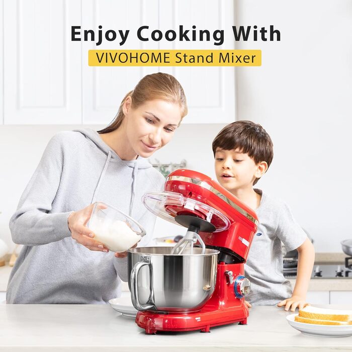 Кухонна машина VIVOHOME 5.7L: потужний міксер з 10 швидкостями, функцією імпульсу та набором насадок (червоний)