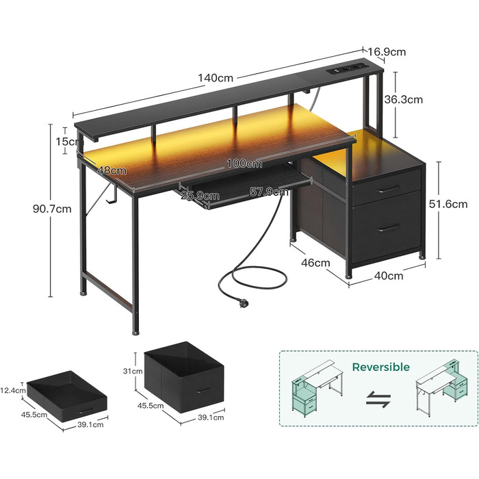 Ігровий стіл Coleshome з LED підсвіткою 140x48 см, з ящиками, 2 розетками та 2 USB портами, з підставкою для монітора, чорний