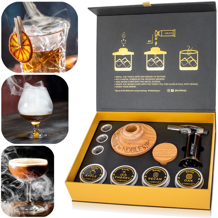 Набір для копчення віскі Smoky NOBLESIP з ліхтарем та дерев'яною стружкою - преміум подарунковий набір для копчення віскі, бурбону та коктейлів