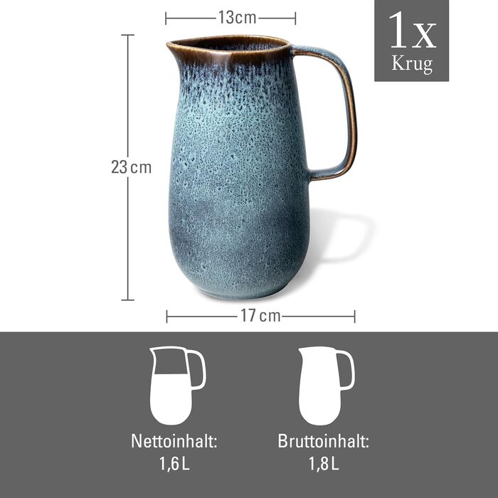 Керамічний глечик для води та соку Villeroy & Boch Lave glacé Blau, стійкий до мікрохвильової печі та посудомийки, блакитний