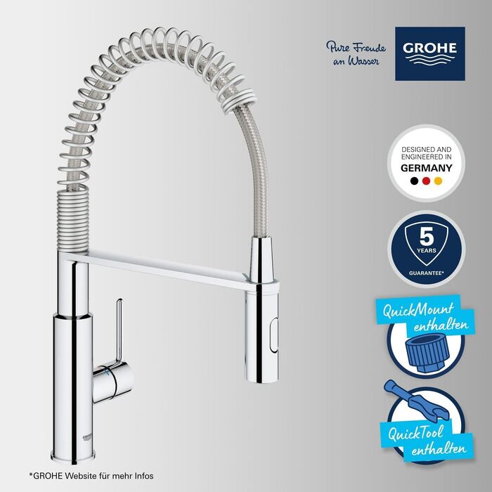 Змішувач кухонний GROHE Get з висувним душем, 2 режими, 360° поворот, економія води, монтаж без інструментів, хром - 30361000