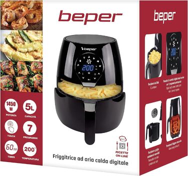 Аерофритюрниця BEPER P101FRI050, 5 л, сенсорна панель, 7 програм, без олії, 200°C, таймер 60 хв, автоматичне вимкнення, чорна