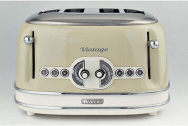 Тостер Ariete Vintage 156, 4 тостера, ретро стиль, 6 режимів, автоматичний викид, функція розморожування, знімний піддон для крихт, корпус з нержавіючої сталі, 1600 Вт, бежевий