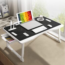 Складаний столик для ноутбука з USB-портом, з ручкою, кишенями для карток, тримачем для напоїв та висувною шухлядою (чорний)