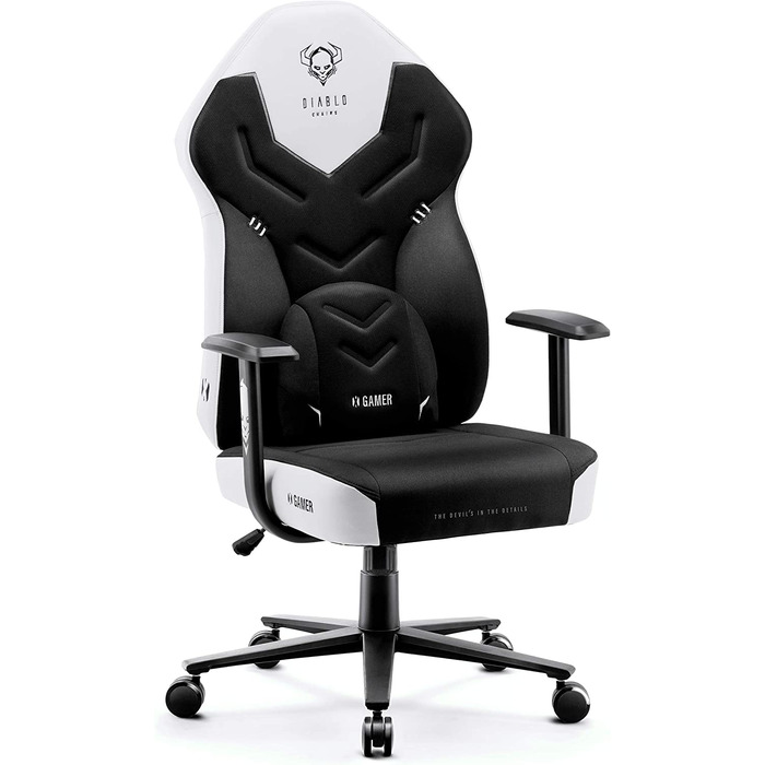 Ігрове крісло Diablo X-Gamer 2.0 з тканинною оббивкою, ергономічне, з подушкою для попереку, Softpad, чорне-біле, 128x68x55 см