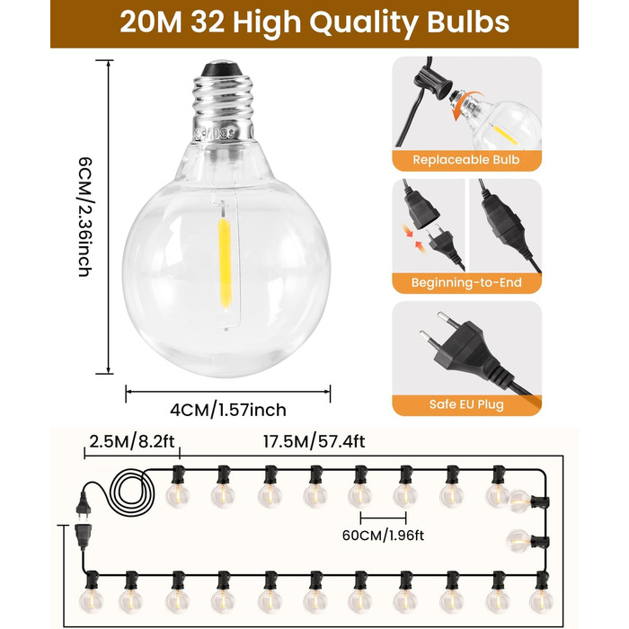 LED гірлянда для вулиці, 20 метрів, G40, 30+2 лампочки, пластик, IP44, вологостійка, для саду, вечірки, тепле світло, 20м, EU