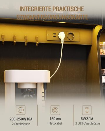 Кухонна шафа-комод Hzuaneri з LED-підсвіткою, розетками, стільницею та 2 шухлядами, чорна, 40 x 100 x 180 см