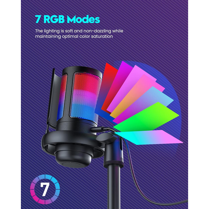 Ігровий мікрофон COCONISE RGB для ПК, стримінгу, подкастів, PS4, PS5, Mac. USB мікрофон з регулюванням гучності та 3.5 мм роз'ємом.