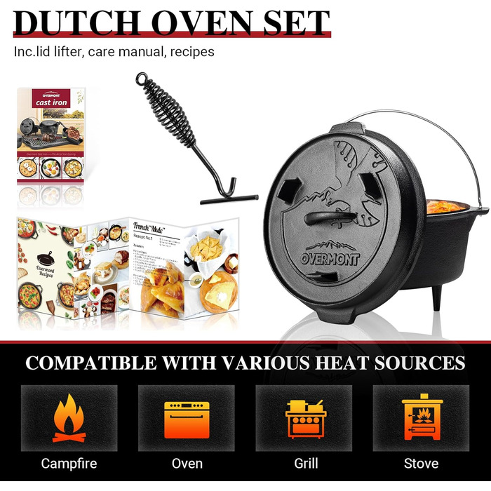 Чавунний казан OVERMONT Dutch Oven (розмір L) для багаття та кемпінгу, з двосторонньою кришкою, ніжками та піднімачем