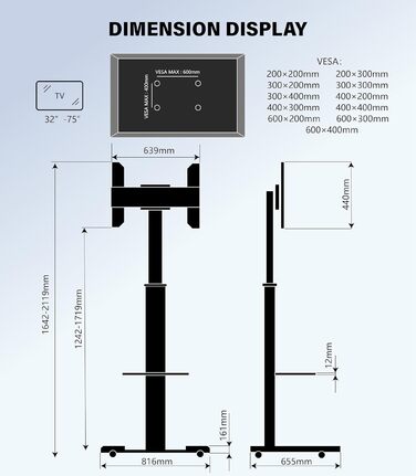 Мобільна стійка для телевізора XTRARM Proton 500, 37-70 дюймів, до 40 кг, регульована висота до 211 см, чорний/сріблястий, з полицею, універсальні VESA