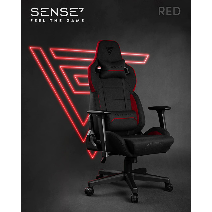 Ігрове крісло SENSE7 Sentinel, ергономічне, з регульованою поперековою подушкою, нахилом, механізмом гойдання, тканинне, до 150 кг, для ПК, чорний/червоний