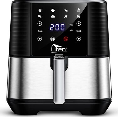 Аерофритюрниця Uten 5,5 л XXL з LED-екраном, 7 програм, 1700 Вт, без жиру, нержавіюча сталь, антипригарний кошик, функції попереднього нагріву та підтримки тепла