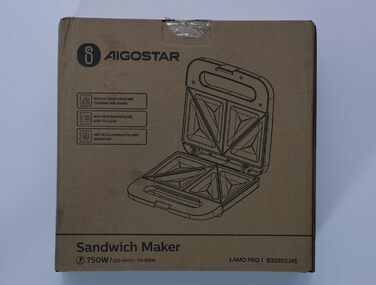 Сендвічниця Aigostar на 2 сендвічі, антипригарне керамічне покриття, автоматичне регулювання температури 180-200°C, індикатори, холодна ручка, 750 Вт, нержавіюча сталь/чорний