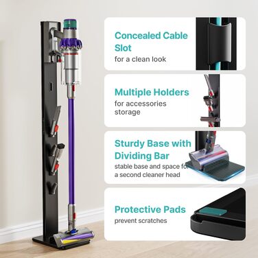 Тримач для пилососа PEGZONE для Dyson (V6, V7, V8, V10, V11, V12, V15, Gen5) — настінний органайзер для насадок з 4 гачками та 4 полицями, чорний