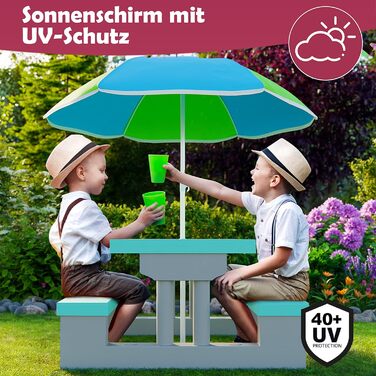 Дитячий садовий набір з парасолькою Spielwerk Sonnenschirm: стіл та стільці, захист від UV-випромінювання, ABS пластик, миється, стійкий до погодних умов, м'ятний/сірий