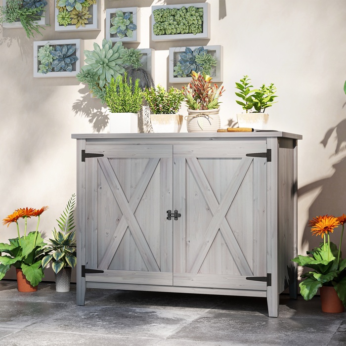 Outsunny Garden Шафа з дерева, Садовий сарай стійкий до погодних умов 110x60x88.5 см, Садовий сарай з дверима, Складний дах, Полиці, Садова шафа, Садовий сарай Шафа для інструментів Садовий сарай для патіо Задній двір, світло-сірий