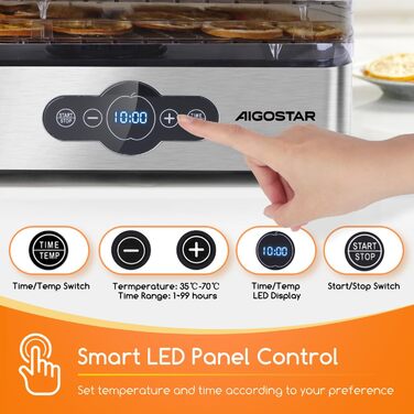 Дегідратор Aigostar Crispy 240Вт, 5 лотків, з таймером та терморегулятором, з нержавіючої сталі, для м'яса, овочів, фруктів, BPA-free