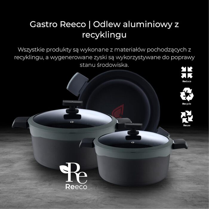 Набір посуду MasterPRO Gastro Reeco, 14 предметів: сковорідки 20/24/28 см, каструлі 20/24/28 см, сотейник 16 см з кришкою, литий перероблений алюміній, антипригарне покриття Heatdot