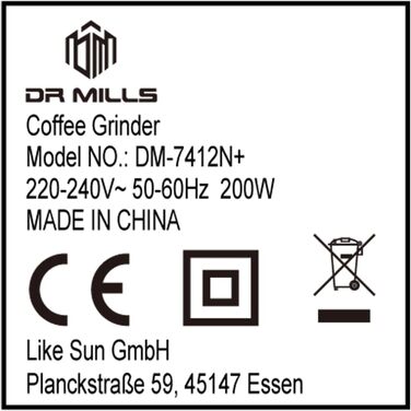 Електрична кавомолка та млинок для спецій DR MILLS DM-7412N+, нержавіюча сталь SUS304, знімна чаша, ножі для подрібнення