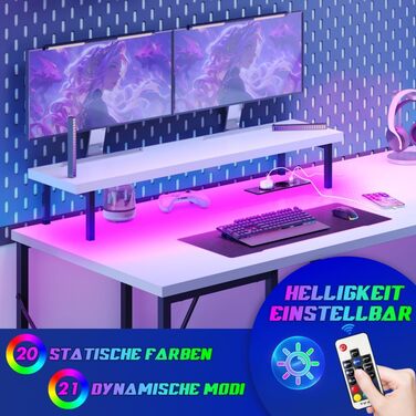 Ігровий стіл Devoko L-подібний з LED підсвічуванням, USB-зарядкою, розеткою, полицею та підставкою під монітор, 140×140 см, білий
