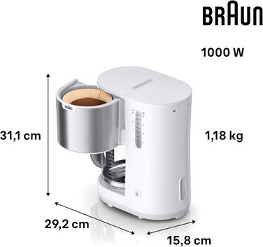 Кавоварка Braun PurShine KF 1500 WH фільтраційна, 10 чашок, скляний глечик, OptiBrew, авто вимкнення, 1000 Вт, біла