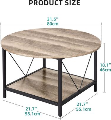 Журнальний стіл YITAHOME, круглий, дерев'яний, 2-рівневий, 80x80x46 см, з полицею для зберігання, для вітальні та спальні, металевий каркас, колір дерева
