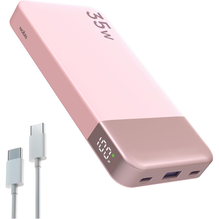 Power Bank Nobis 10000mAh з цифровим дисплеєм, USB-C, 35W, PD/QC, рожевий