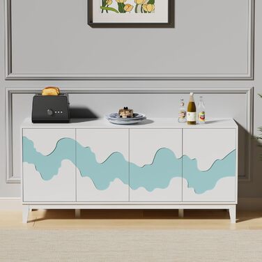 Кухонна тумба UEV з 4 дверцятами, 160x40x73 см, сучасний дерев'яний буфет зі зберіганням, хвильовий дизайн, для їдальні, вітальні, спальні, передпокою, біло-синя