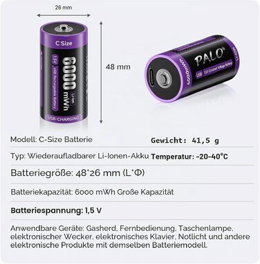 Акумулятори LR14 (Baby C) 1.5V 6000mWh Li-ion з USB-C портом для швидкої зарядки, 4 шт. — Перезарядні літієві батареї з кабелем