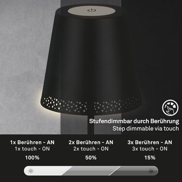 BRILONER – LED акумуляторний торшер 3 в 1, ступінчасте затемнення, сенсорне керування, бездротова, чорна, для вулиці