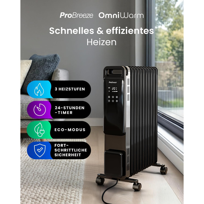 Електричний масляний радіатор Pro Breeze 2500Вт, 11 секцій, смарт-обігрів з термостатом, таймером на 24г та сенсорним дисплеєм, чорний