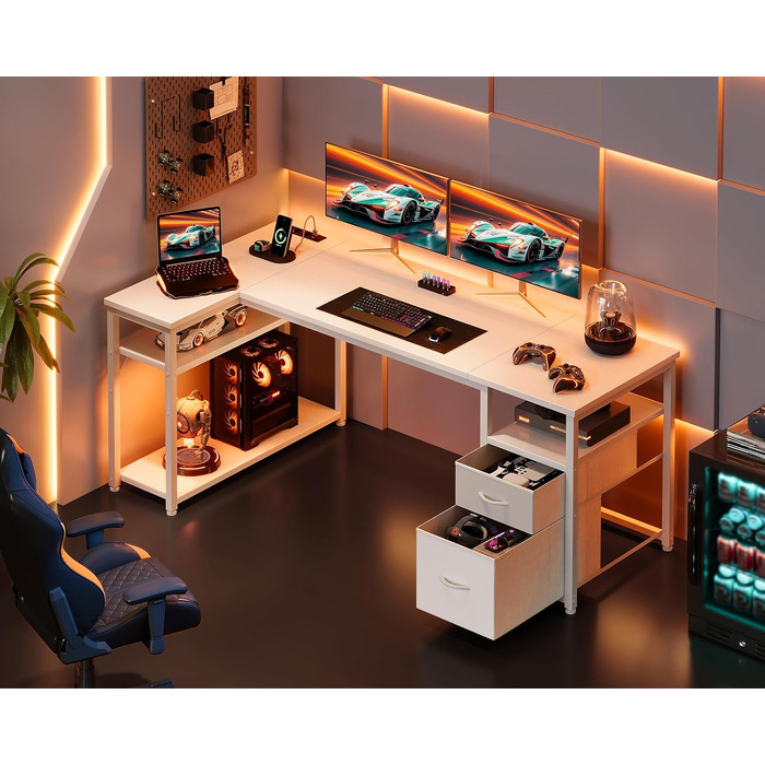 Кутовий письмовий стіл Coleshome з 2 шухлядами та полицею, 140x80 см, з розеткою, білий. Ігровий стіл для дому та офісу, 160x80 см