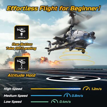 Радіокерований вертоліт DEERC Apache 2.4GHz, 2 акумулятори, 26 хв польоту, LED, стабілізація висоти, автоматичний зліт, чорний – ідеальний подарунок для хлопчиків