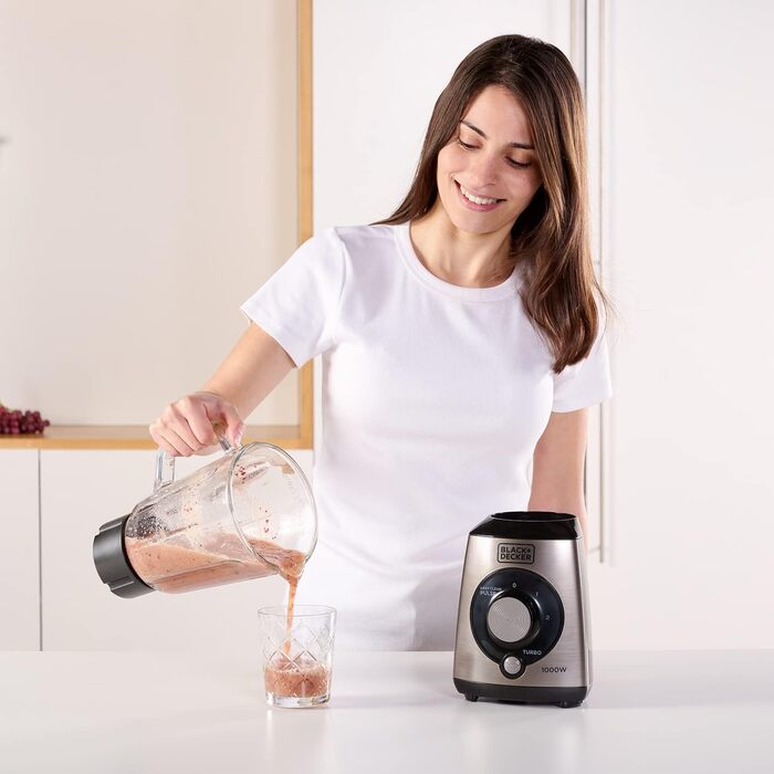 Стаціонарний блендер BLACK+DECKER, 1000 Вт, 1,5 л, імпульсний режим, пластикова чаша, 4-лезове розбірне лезо з нержавіючої сталі, легке очищення, сірий