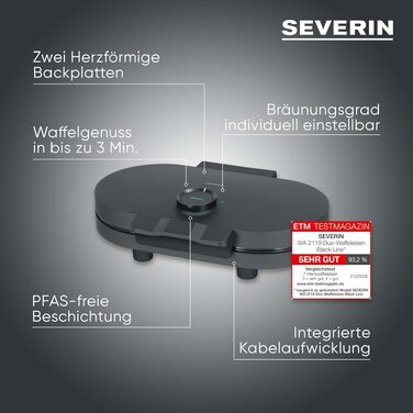 Вафельниця SEVERIN Black Line WA 2117 для сердечок, антипригарне PFAS-free покриття, 1000 Вт, чорний/нержавіюча сталь